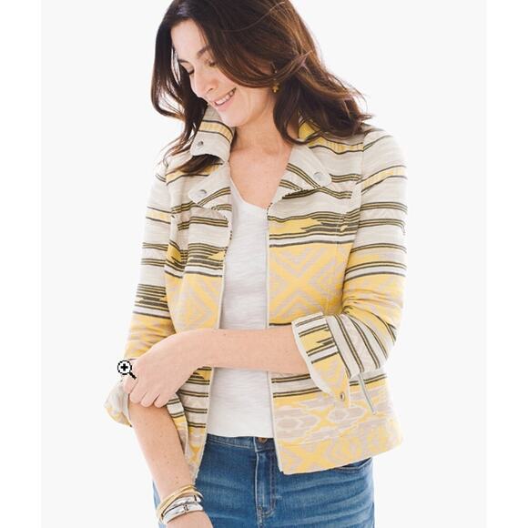 Chicos Size 0 Full Zip Aztec Jacquard Moto Jacket Women Small Yellow Black Lined - Picture 1 of 8